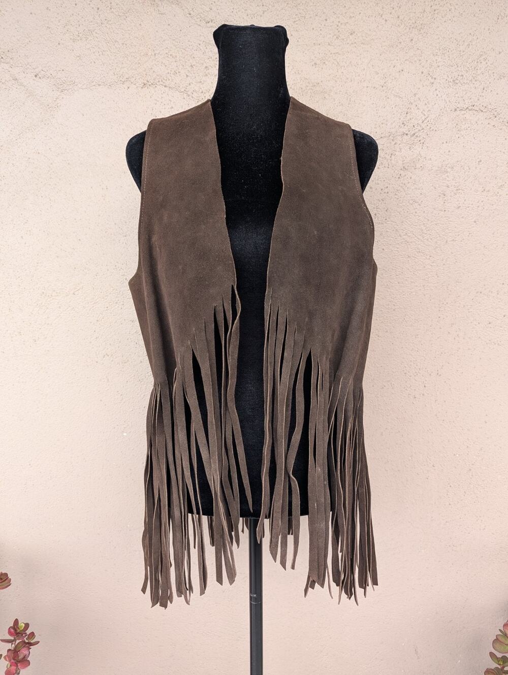 💜Vintage Brown Suede Long Fringe Open-Front Boho Vest